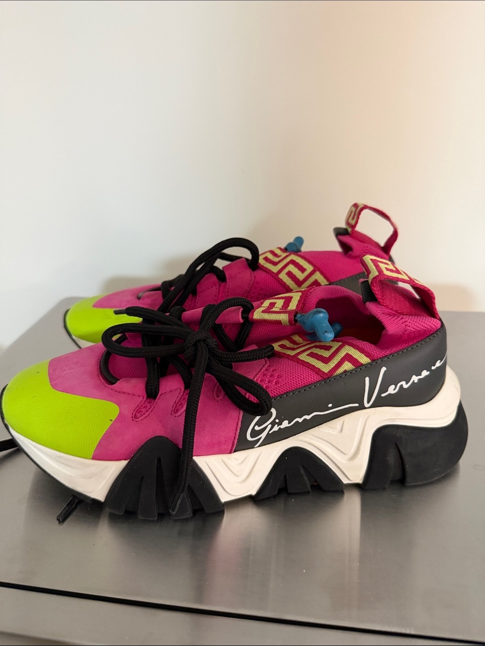 Versace Pink and Neon Green Chunky Lace-Up Sneakers sz. 36